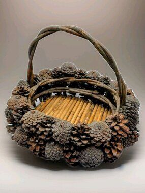 Rustic Primitive Pine Cone Basket  With Handle Christmas, Fall Decor Vintage